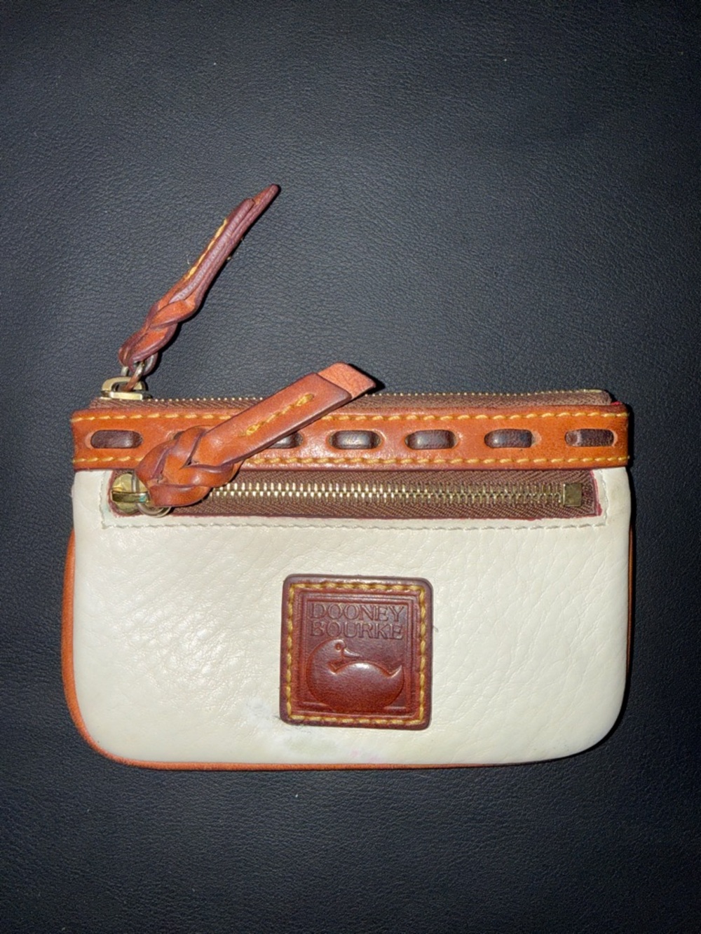 Dooney & Bourke Cream and Brown Leather Zip Coin Pouch with Braided Pull